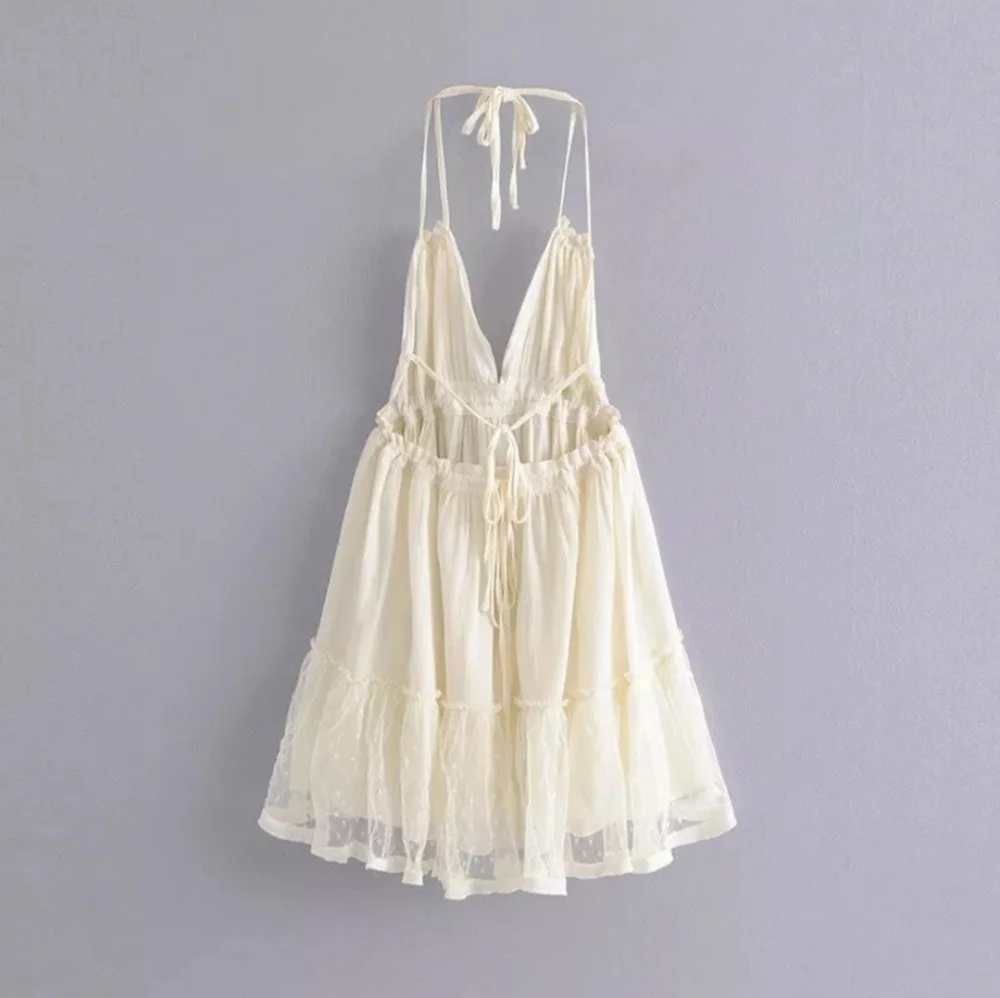 NEW Plunge Halter Dot Ruffle Mini Sundress Summer Off White Cream Ivory - Picture 10 of 12
